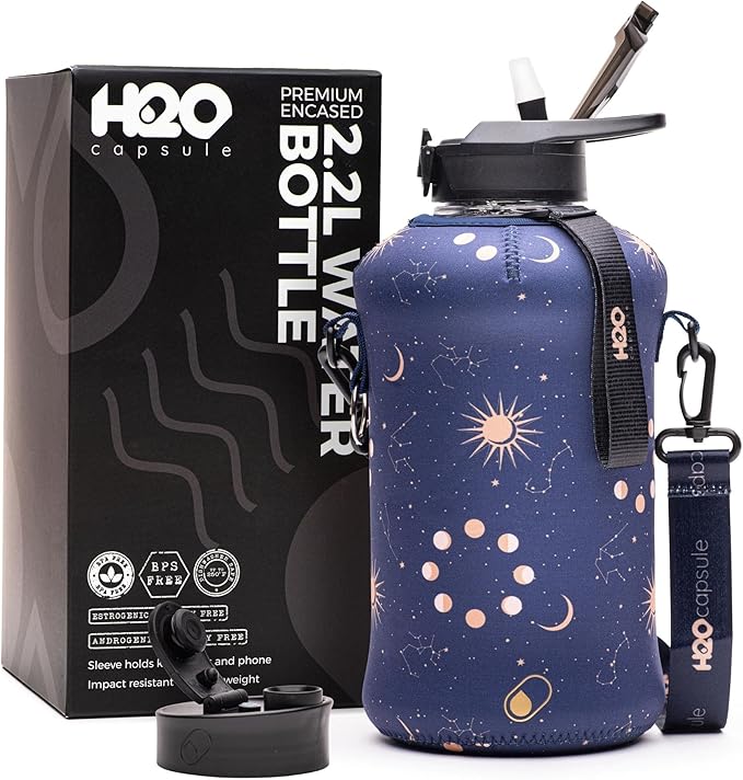 H2O Capsule 2.2L Half Gallon Water Bottle with Storage Sleeve and Covered Straw Lid – BPA Free Large Reusable Drink Container with Handle - Big Sports Jug, 2.2 Liter (74 Ounce)
