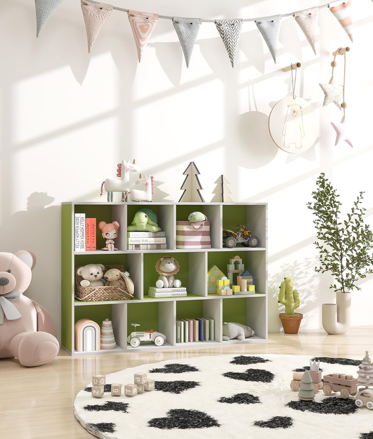 11 Cube Small Kids Bookshelf & Toy Organizer – Wooden Cube Bookcase for Playroom Organization and Storage, Book Storage for Kids Room, Baby Bookshelf for Nursery, Green/White