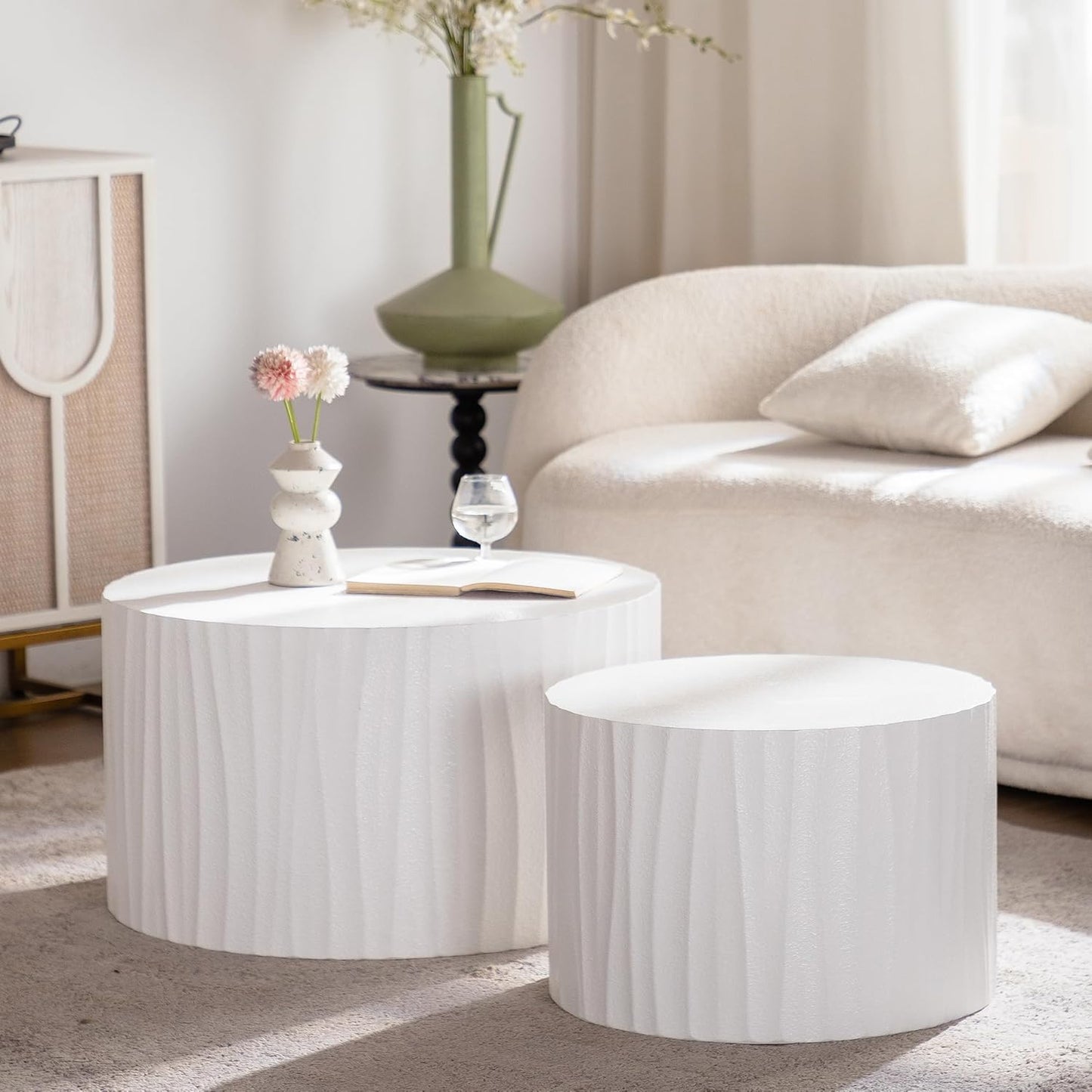 Nesting Round Coffee Table Set of 2, 26.77" (W) Circle Accent End Table with Water Ripple Pattern, Morden Drum Side Table, Wooden Center Table for Living Room, Fully Assembled - White