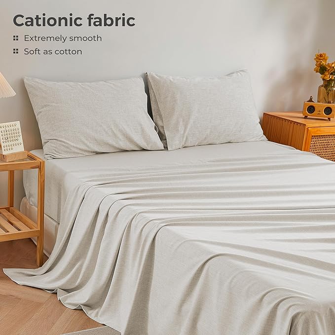 Twin Sheets Khaki, Ultral Soft Cationic Linen Look Sheets, Luxury Cooling Cozy Bed Sheet Set with Non-Slip Fitted Sheet