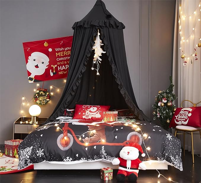 VETHIN Bed Canopy for Girls Kids,Princess Round Dome Children Dreamy Mosquito Net Bedding Girls Room Castle Play Tent Hanging House Decor Reading Nook Canopies (Black)