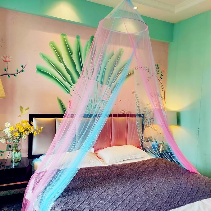 Eimilaly Two-Tone Bed Canopy Mosquito Net Pink Blue with Warm Lights, Bed Canopy for Girls Room Decor, Single Door