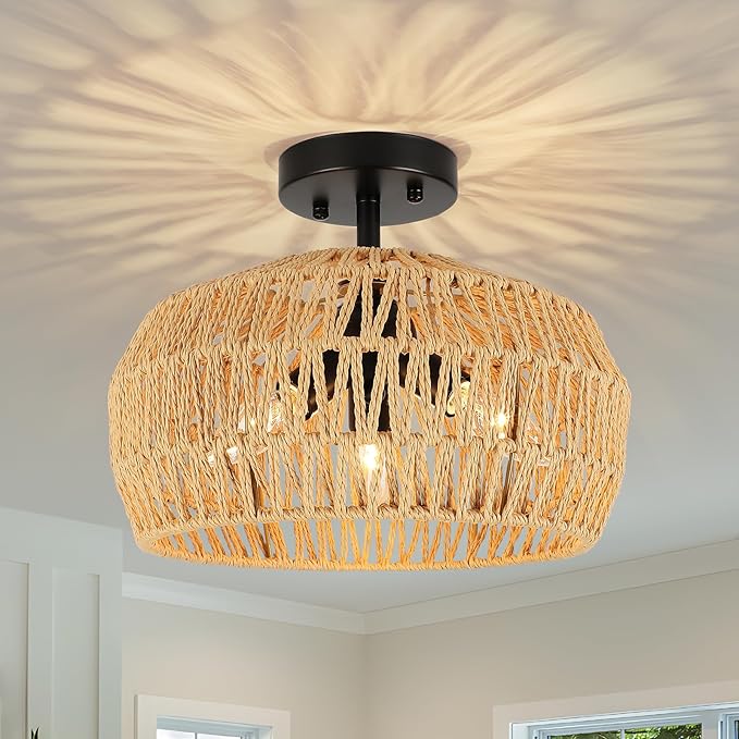 Rattan Light Fixtures Ceiling Mount, 3-Lights Boho Semi Flush Mount Ceiling Light, Farmhouse Woven Ceiling Lighting, Rustic Wicker Chandelier for Hallway Bedroom Kitchen Entryway