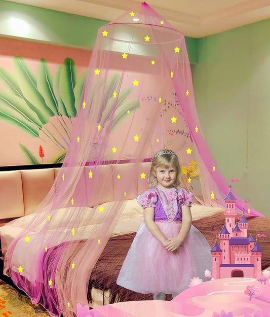 Eimilaly Two-Tone Bed Canopy Glow in The Dark Pink Purple, Mosquito Net Bed Canopy for Girls Room Decor, Single Door