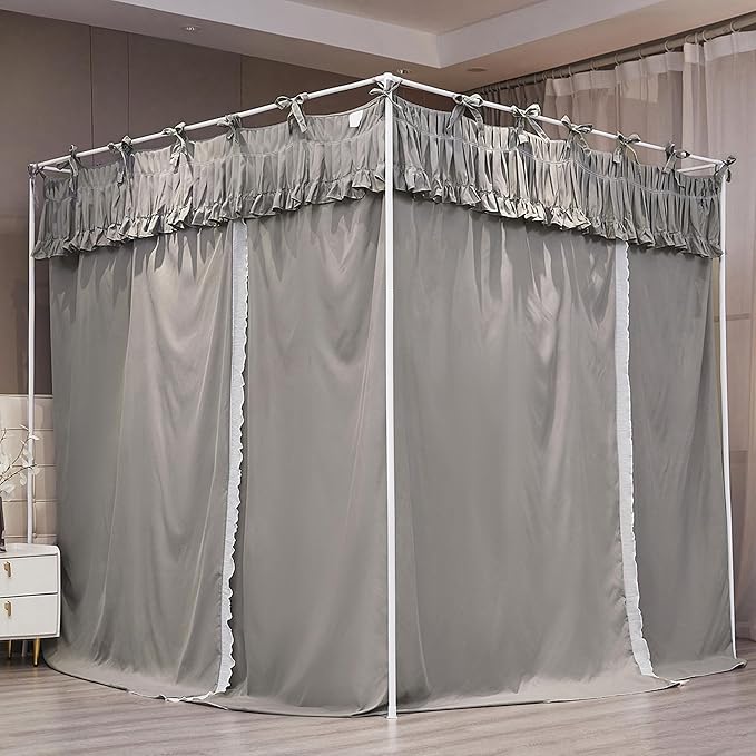 Ruffle Lace up 4 Corners Post Princess Curtain Bed Canopy Cozy Breathable Mosquito Net Cloth for Girls Adults Bedroom Decoration (Grey, 78" W*86" L*82" H/King)