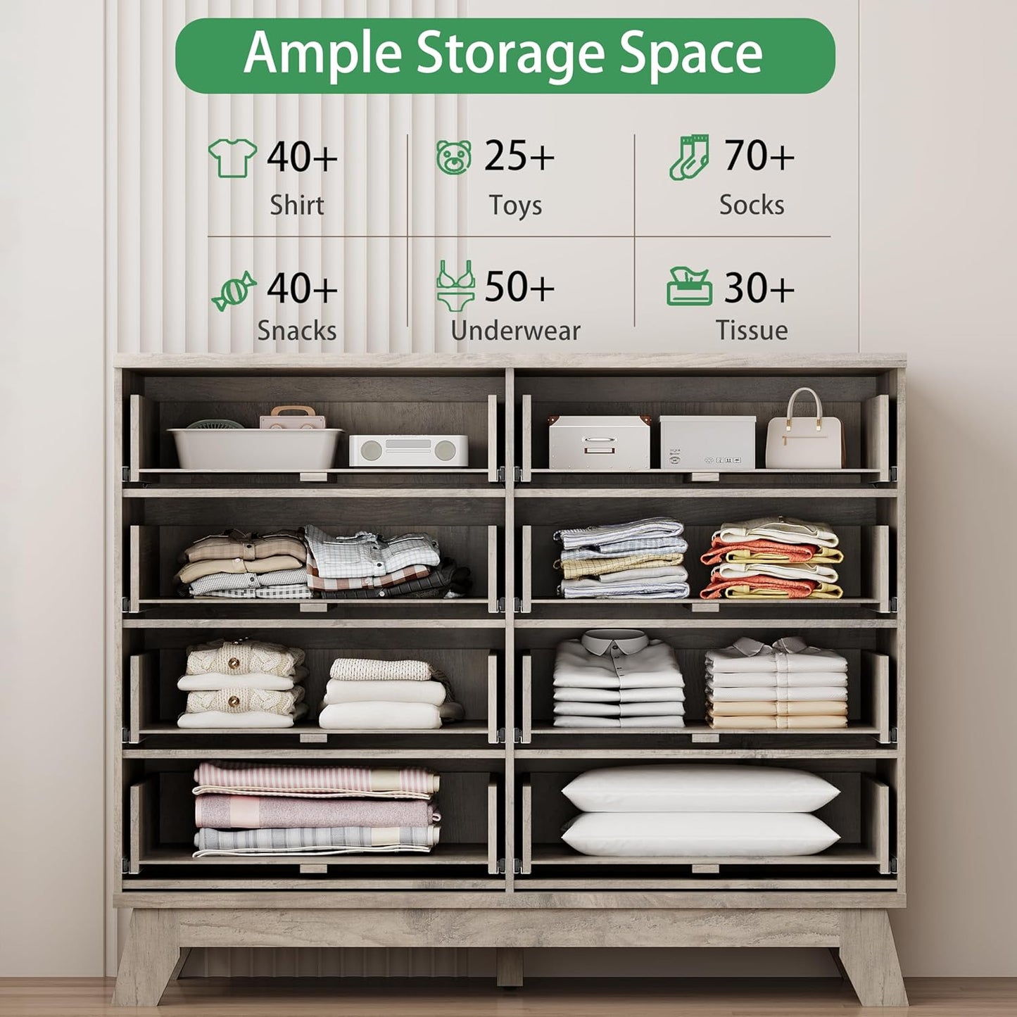 Fluted Dresser for Bedroom with 8 Drawers, 48" Wide Modern Chest of Drawers with Metal Handle, Wooden Dresser TV Stand, Wood Closet Clothes Storage Drawer Organizer for Living Room, Hallway, Grey