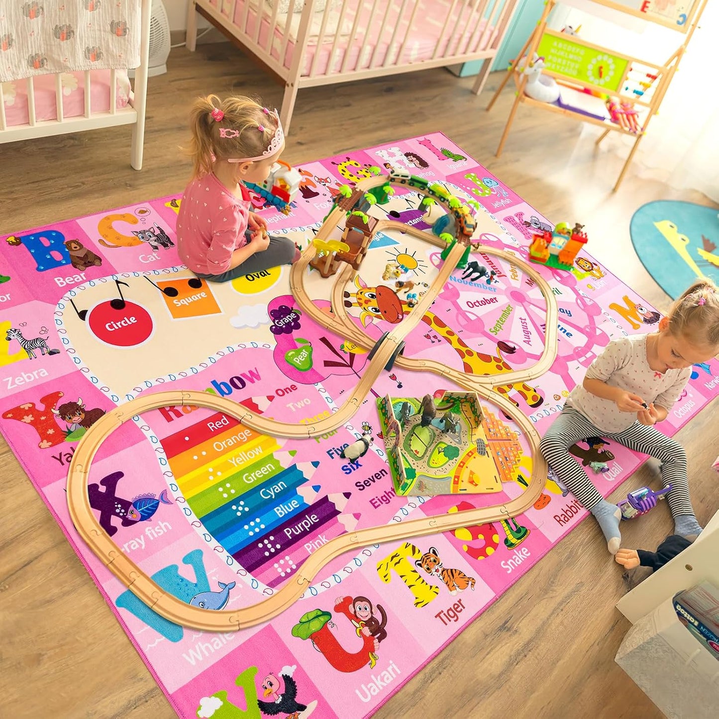 Kids Rugs for Playroom Bedroom Classroom Nursery, Non-Slip and Washable Rugs for Children Toddlers Girls, Educational and Fun Rug Carpets with ABC Alphabet Animals Shapes, 3x5, Pink