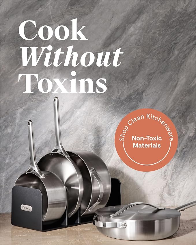 Caraway Stainless Steel Cookware Set (4 Piece) - 5-Ply Stainless Steel Pots & Pans - Includes Fry Pan, Sauce Pan, Sauté Pan, Dutch Oven, 3 Lids & Storage - Non Toxic, PTFE & PFOA Free