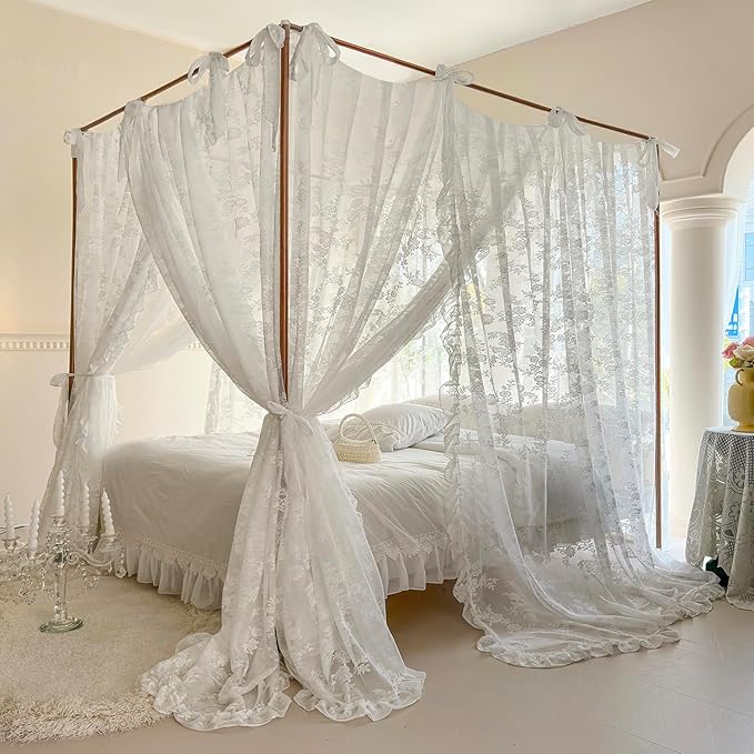 Mengersi Canopy Bed Curtains with Tie Backs,Bed Canopy Curtains Bed Drapes Sheer Curtains for Bedroom Decor（Full,White