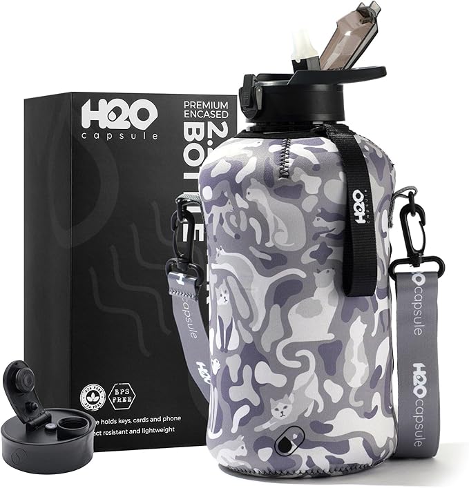 H2O Capsule 2.2L Half Gallon Water Bottle with Storage Sleeve and Covered Straw Lid – BPA Free Large Reusable Drink Container with Handle - Big Sports Jug, 2.2 Liter (74 Ounce)