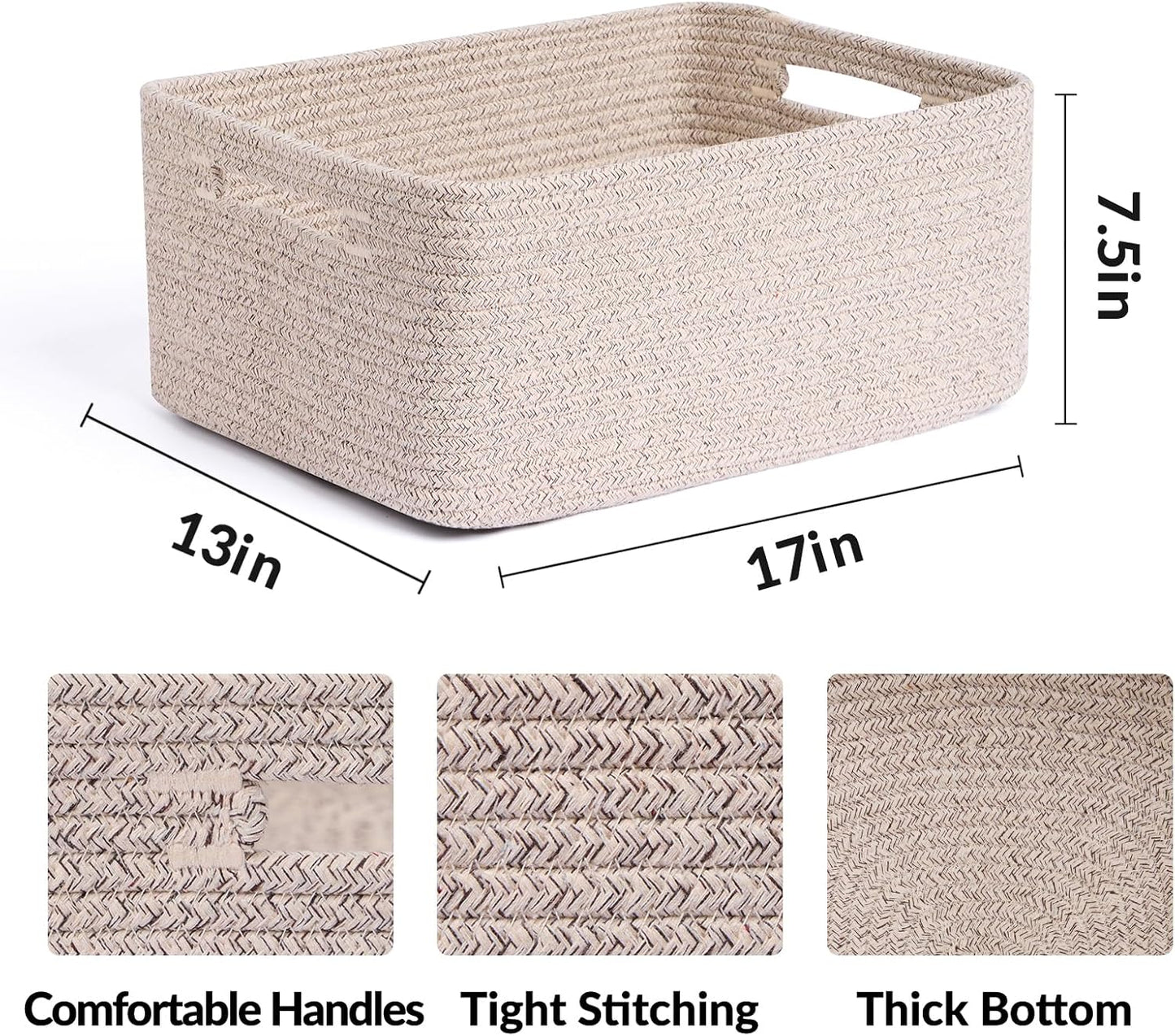 Large Storage Baskets for Shelves, Closet Organizers Bins for Clothes Blanket Towels, Baby Nursery, Toy Baskets Box, Woven Rope Baskets, 17 x 13 x 7.5”, 2 Packs Mixed Brown