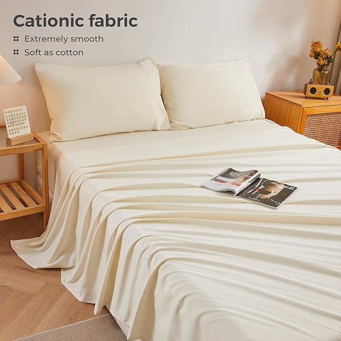 Queen Sheets Cream, Ultral Soft Cationic Linen Look Sheets, Luxury Cooling Cozy Bed Sheet Set with Non-Slip Fitted Sheet