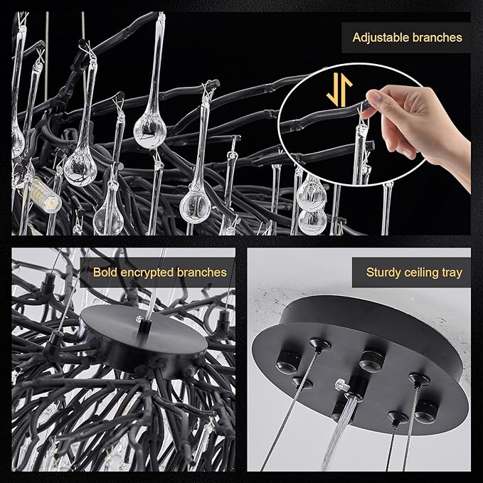 Black Chandeliers for Dining Room,Farmhouse Crystal Chandelier,10-Light Tree Branch Chandelier Light Fixture for Living Room, Kitchen Island D31.5