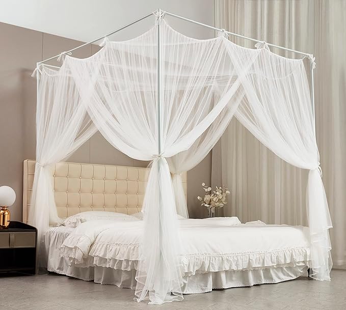 Mengersi Canopy Bed Curtains Bed Canopy with Lights for Girls, Bed Netting Unique Style 4 Door Mosquito Net for Adults Women Bedroom (White+Lights, California King)