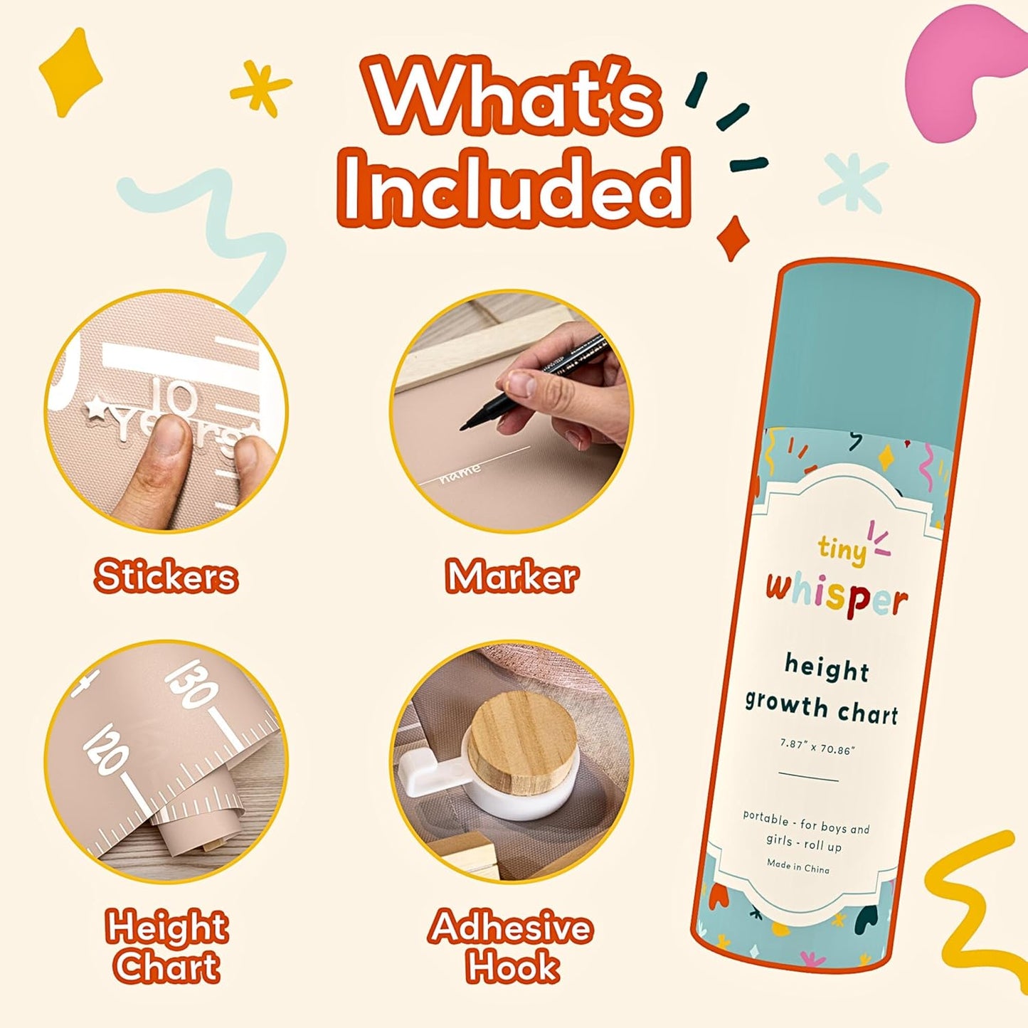 Height Chart for Kids Customizable Kids Height Wall Chart with Stickers, Marker & Hook Hanging Growth Chart Measurement for Wall Easy Installation for Baby Room Nursery and Playroom