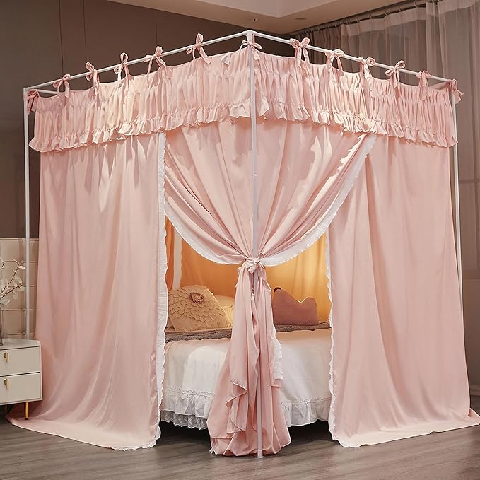 Ruffle Lace up 4 Corners Post Princess Curtain Bed Canopy Cozy Breathable Mosquito Net Cloth for Girls Adults Bedroom Decoration (Pink, 78" W*86" L*82" H/King)