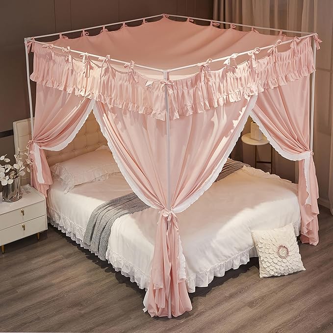 Ruffle Lace up 4 Corners Post Princess Curtain Bed Canopy Cozy Breathable Mosquito Net Cloth for Girls Adults Bedroom Decoration (Pink, 59" W*82" L*82" H/Queen)