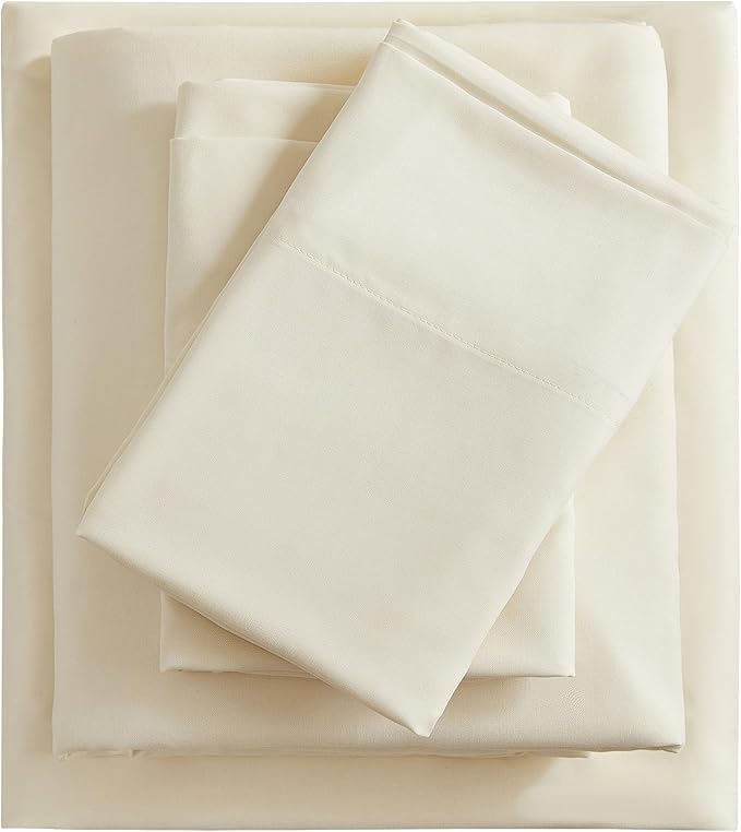 Twin Sheets Cream, Ultral Soft Cationic Linen Look Sheets, Luxury Cooling Cozy Bed Sheet Set with Non-Slip Fitted Sheet