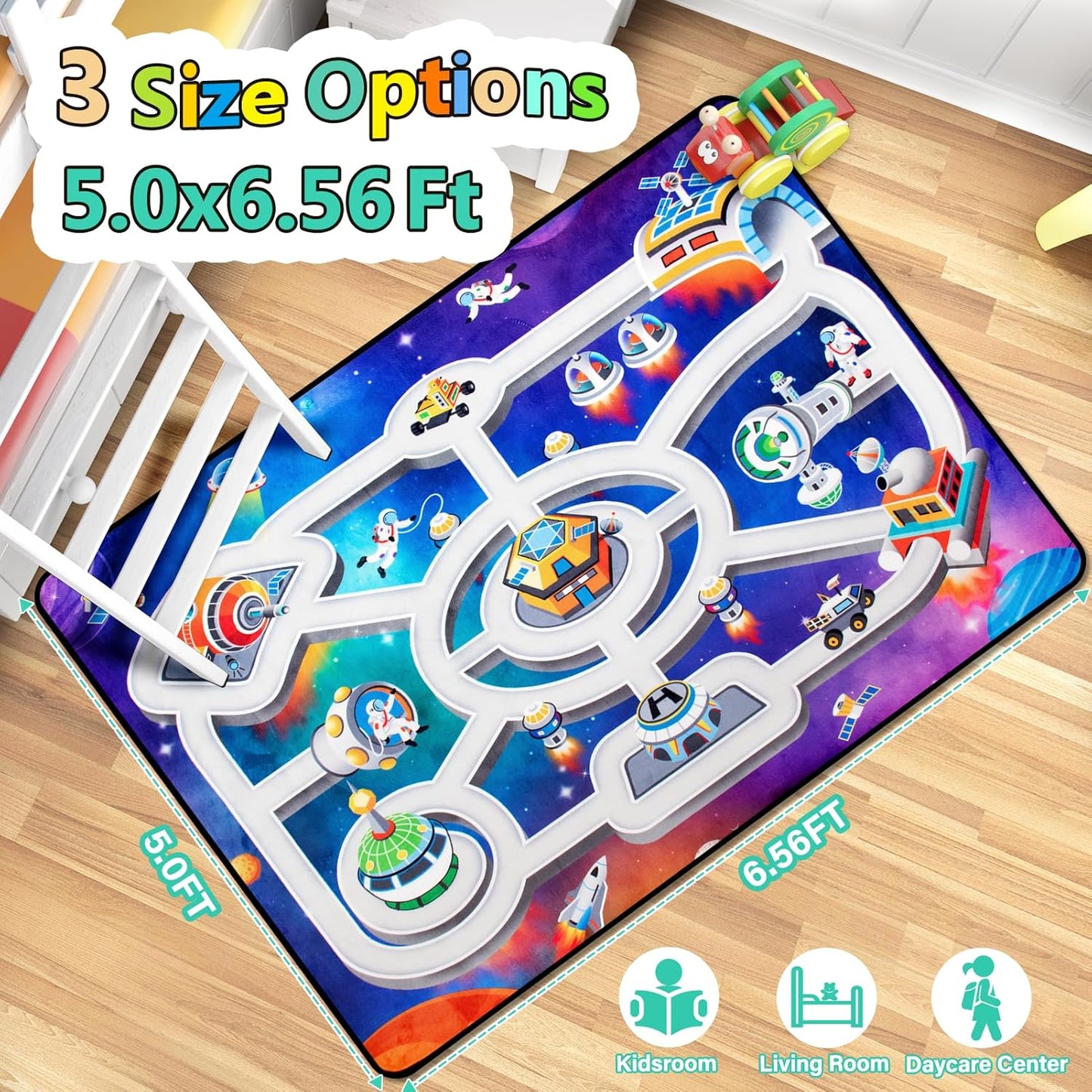 Kids Rug, Space Themed Baby Play Mat, 5x7 Ft Playroom Rug, Colorful Cartoon Outer Space, Planet, Rocket, Spaceship Road Carpet for Playroom, Educational Learning Carpet for Kids Mat