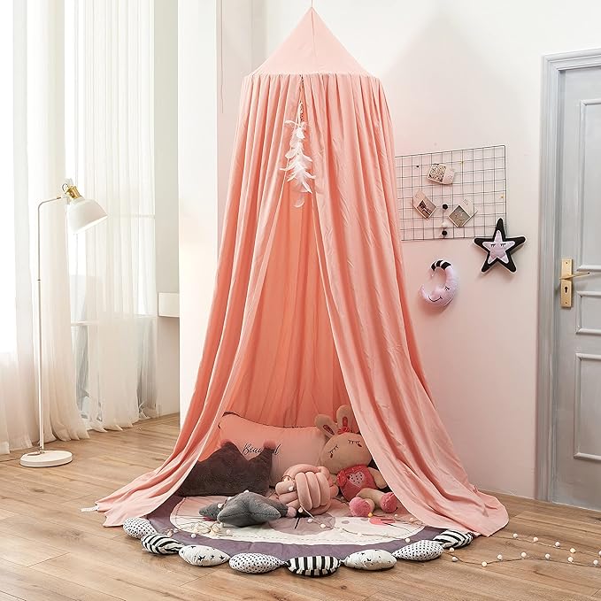 Mengersi Bed Canopy Play Tent for Kids, Round Dome Kids Mosquito Net Indoor Outdoor Castle Hanging House Decoration Reading Nook (Beige Pink)