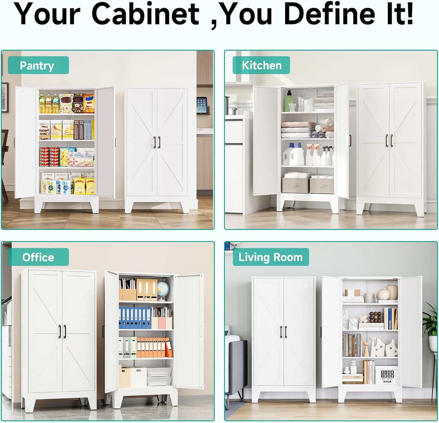 SISESOL Metal Storage Cabinet with 2 Doors and 3 Shelves,White Pantry Storage Cabinet with Legs,Farmhouse Pantry Cabinets Cupboard,Bathroom Cabinets for Home,Kitchen,Dining/Living Room (47.3" H)