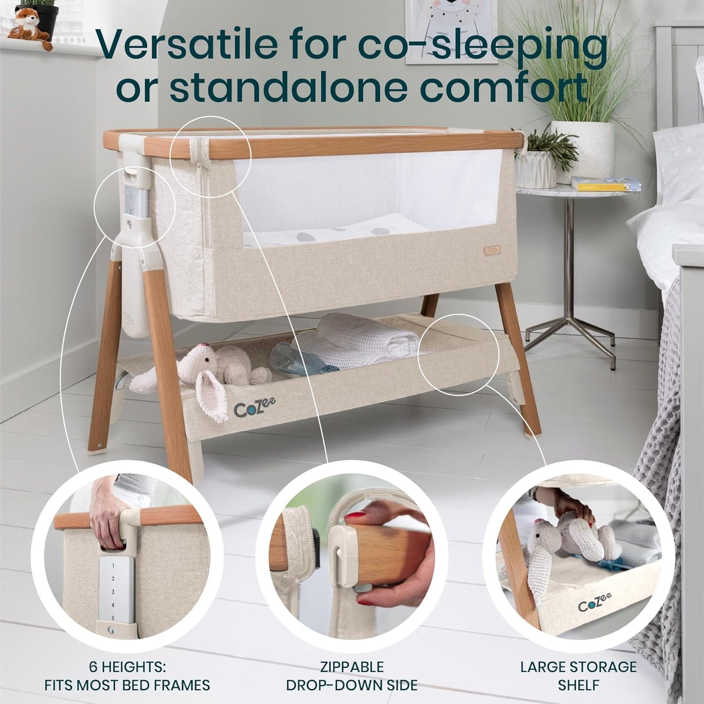 CoZee® 2-in-1 Baby Bassinet & Bedside Sleeper - Fast-Folding Bedside Bassinet, Baby Crib with 6 Mattress Heights & Breathable Mesh Window, Mattress Included, 0-6 Months (Walnut & Ecru)