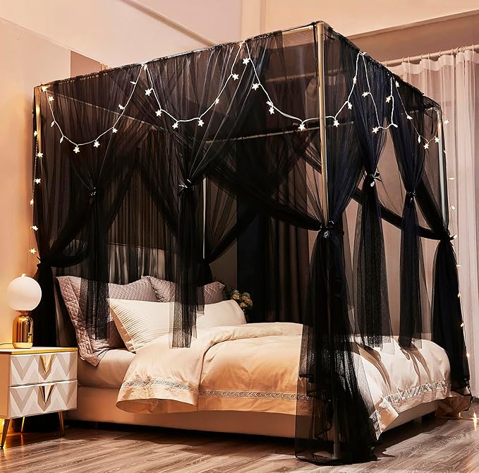 Mengersi Bed Canopy Canopy Bed Curtains with Lights- 4 Corners Post Royal Bed Drapes Mosquito Net- Elegant Bedroom Decoration Accessories for Adults(Full,Black)
