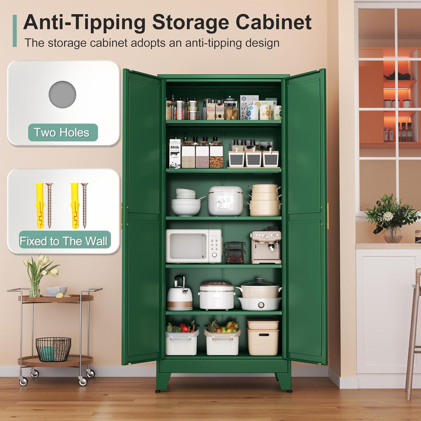 Metal Pantry Cabinet with 2 Doors and 5 Adjustable Shelves, 75" Kitchen Storage Cabinet with Gold Handles, Versatile Storage for Laundry, Living, Bathroom, Dining, Utility Room - Green