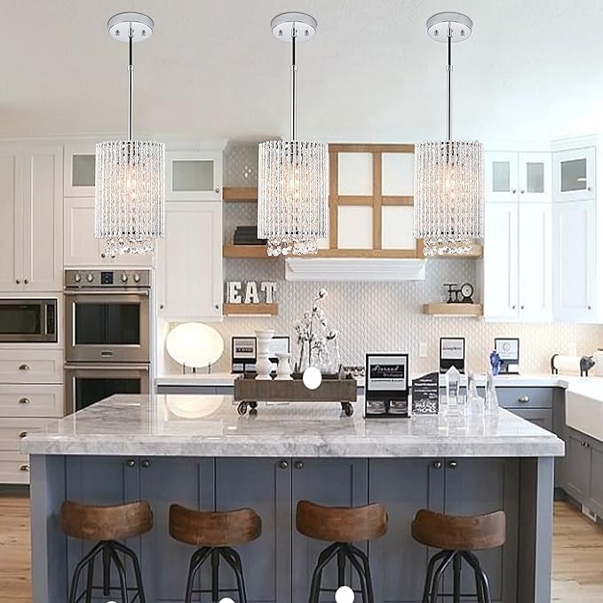Mini Crystal Pendant Lighting 1 Light Modern Hanging Light Fixtures Small Cylinder Chrome Chandelier for Kitchen Island Dining Room