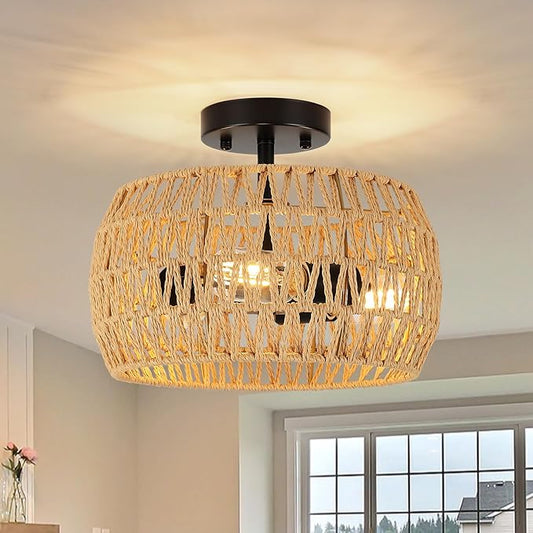 Boho Semi Flush Mount Ceiling Light - Rattan Light Fixture with Hand-Woven Shade, 3 Light Farmhouse Chandelier Coastal Wicker Light Fixtures for Kitchen Bedroom Foyer Nursery Entryway