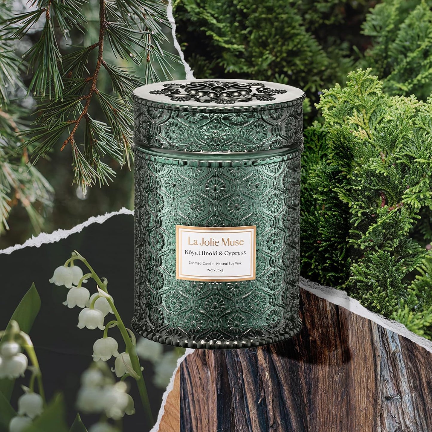 LA JOLIE MUSE Kōya Hinoki & Cypress Scented Candle – Pine, Leather & Hinoki | 19 oz Festive Christmas Candle | Wooden Wick | Clean Burn & Vibrant Scent | Fun Gift for Hosts & Fall Tablescapes