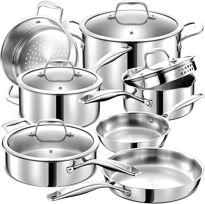 Legend 11-Pc 3 Ply Stainless Steel Cookware with Glass Lids, Full Clad, Induction, Non-Toxic, Oven Safe - Best 18/0 Professional Chefs Quality Pots and Pans Set - PFOA, PTFE & PFOS Free