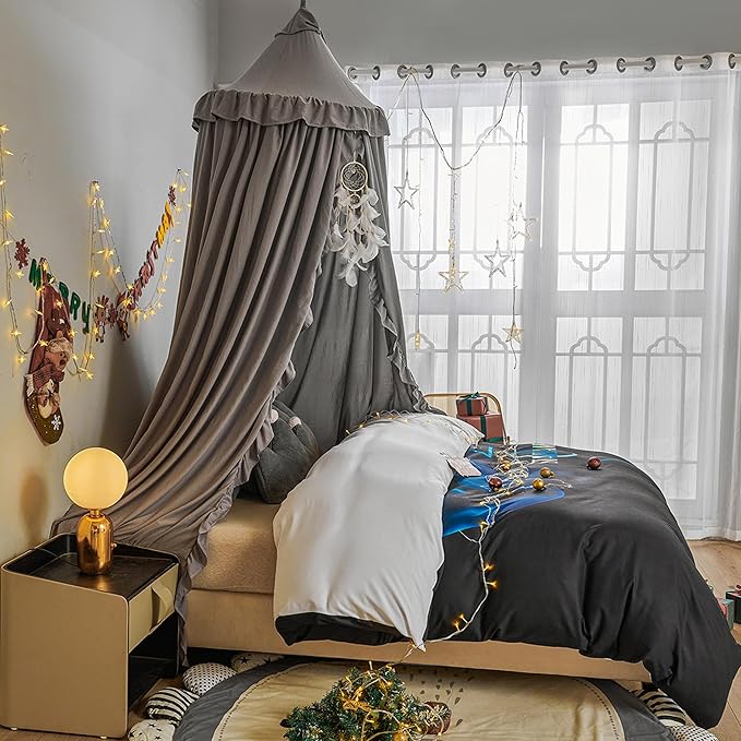 VETHIN Bed Canopy for Girls Kids,Princess Round Dome Children Dreamy Mosquito Net Bedding Girls Room Castle Play Tent Hanging House Decor Reading Nook Canopies (Grey)