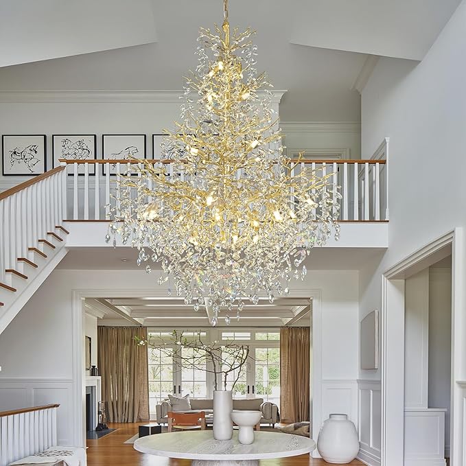 H65'' Gold Crystal High Ceilings Chandeliers Staircase Chandeliers Modern Crystal Tree Branch Chandelier, D48'' Foyer Chandelier for High Ceiling Luxury Large Living Room Chandelier, 27-Lights