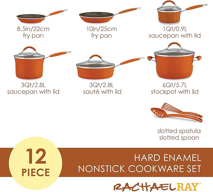 Rachael Ray Cucina Nonstick Cookware Pots and Pans Set, 12 Piece, Pumpkin Orange & 3-Piece Spatula Utensil Set, Orange