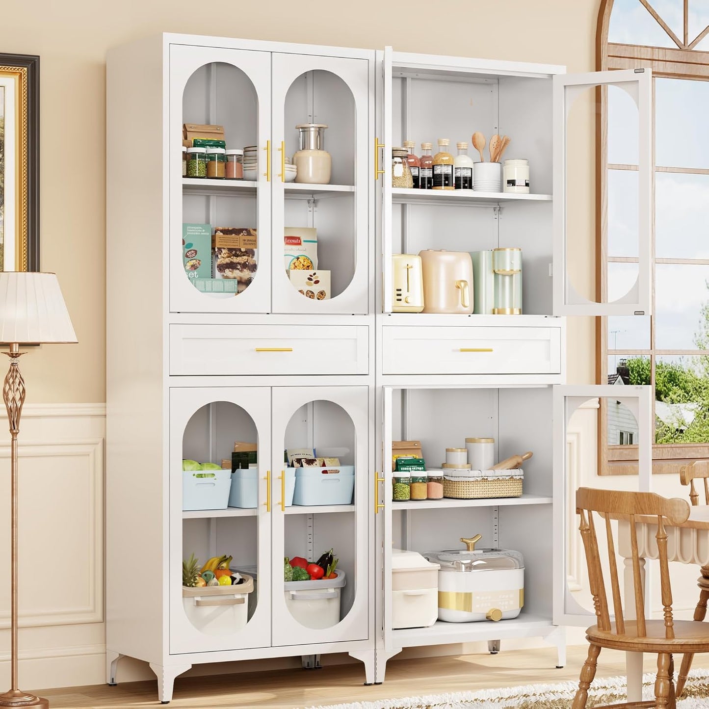 75” Tall Kitchen Pantry Storage Cabinet, Metal Storage Cabinet with 1 Drawer and Adjustable Shelves, Kitchen Pantry Cupboard, Freestanding Cupboard for Bathroom (White-4 Doors and 1 Drawer)