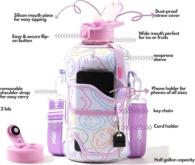 H2O Capsule 2.2L Half Gallon Water Bottle with Storage Sleeve and Removable Straw – BPA Free Large Reusable Drink Container with Handle - Big Sports Jug, 2.2 Liter (74 Ounce), Purple Smiley