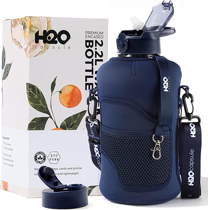 H2O Capsule 2.2L Half Gallon Water Bottle with Storage Sleeve and Removable Straw – BPA Free Large Reusable Drink Container with Handle - Big Sports Jug, 2.2 Liter (74 Ounce), Navy Blue