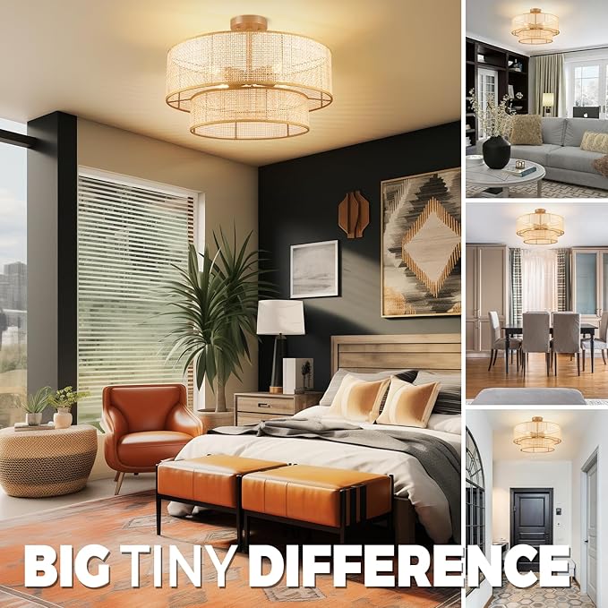 Hamilyeah 20 inch Ceiling Light Fixture Flush Mount Double Layer, Boho Light Fixture Ceiling Mount Wicker Shade, Bamboo Woven Rattan Light Fixture Ceiling for Living Room, Bedroom, Dining Room