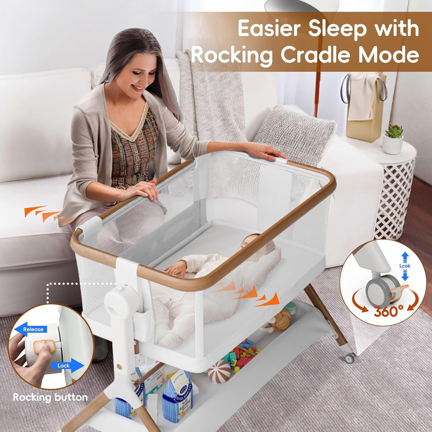 Bassinet Bedside Sleeper, Rocking Bassinet for Baby, 3 in 1 Crib with 6 Adjustable Height,Breathable Mesh and Lockable Wheels, Baby Must Haves for Newborns