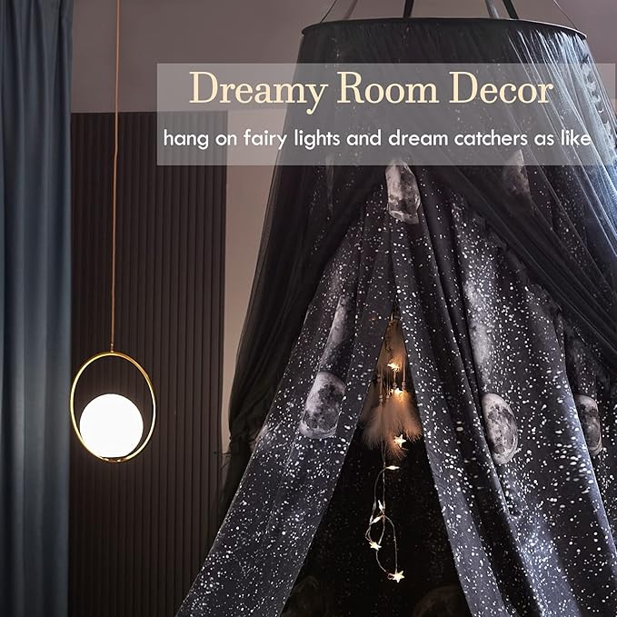 Kertnic Gorgeous Moon Printed Bed Canopy for Girls & Adults, Room Decorative Cozy Bed Curtain Canopy Drapes, Round Dome Luxurious Lace Princess Canopies Mosquito Netting (Print Moon)