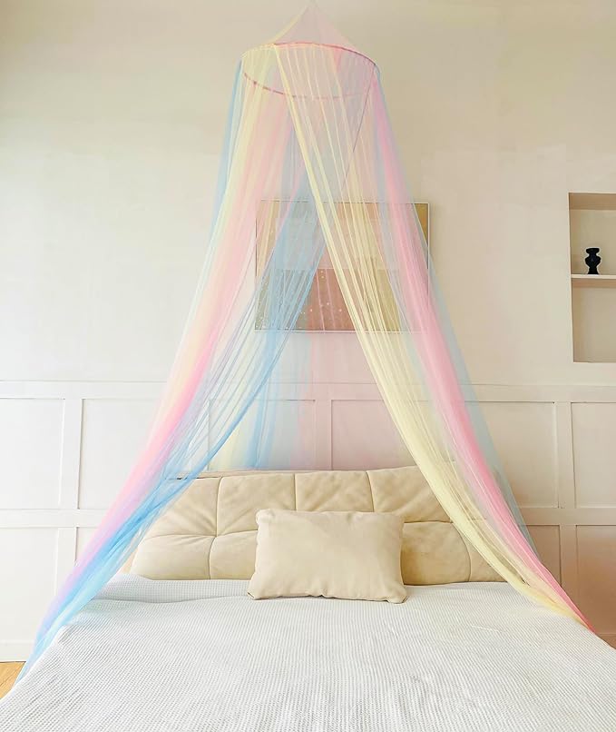 Mosquito Net Bed Canopy for Girls,Rainbow Canopy Bed Curtains Full Queen Size from Ceiling,Dome Mosquito Netting Bed Tent Twin Girls Princess Canopy King Bed Decor