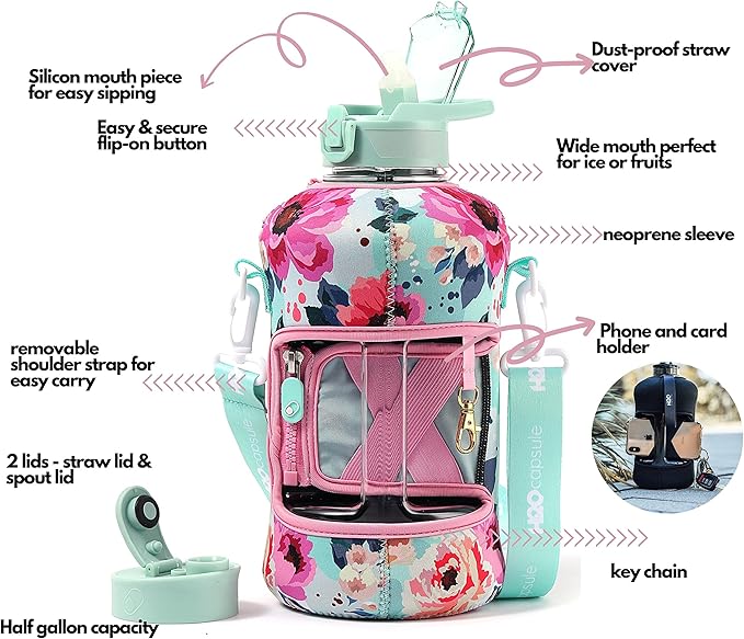 H2O Capsule 2.2L Half Gallon Water Bottle with Storage Sleeve and Covered Straw Lid – BPA Free Large Reusable Drink Container with Handle - Big Sports Jug, 2.2 Liter (74 Ounce)