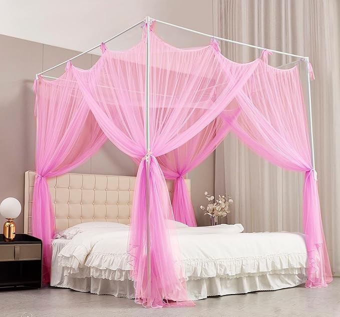 Mengersi Bed Canopy Mosquito Net for Bed,Canopy Bed Curtains Elegant Bed Drapes Screen Netting Canopy Curtains Bedroom Decor (Pink, California King)