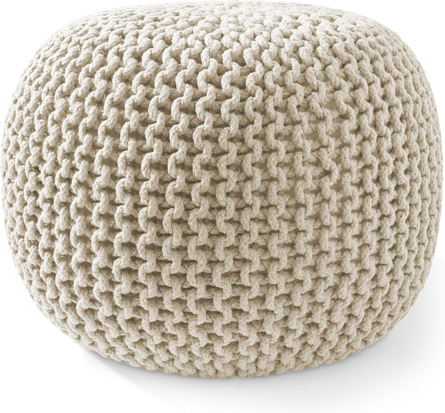 Casafield Round Pouf Ottoman, Natural - 20" Diameter x 14.5" High Cotton Knit Foot Stool - Boho Floor Pouffe for Living Room, Bedroom, Home Office