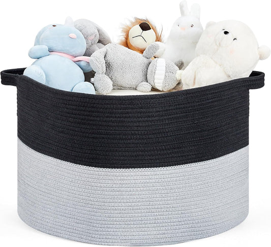 Ravinte Large Storage Basket - 22"x 22"x 14" Blanket Basket for Living Room, Baby Toy Storage Basket, Cotton Rope Basket Woven Laundry Basket (Black-Gray)