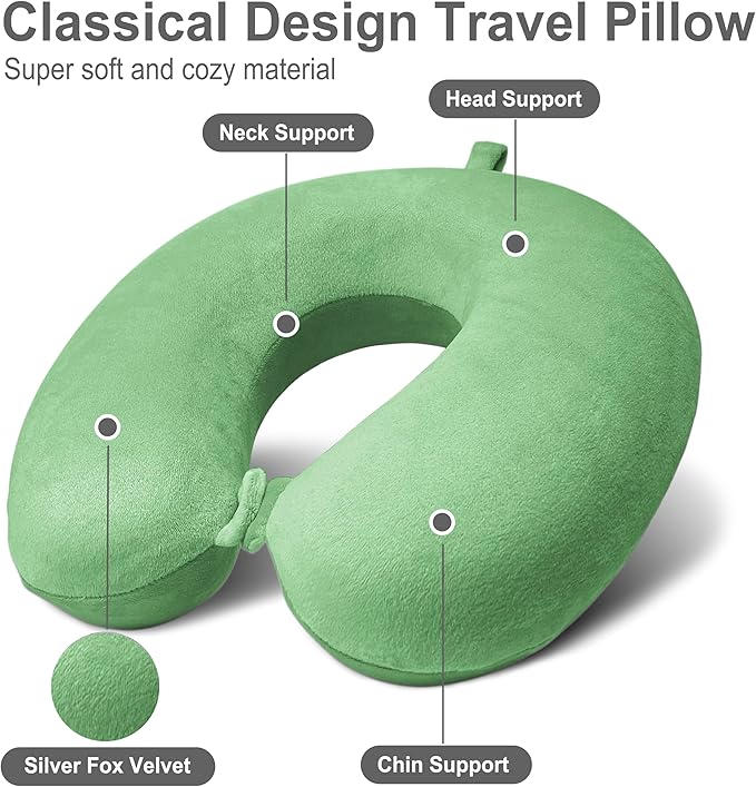Neck Pillow for Airplane Travel, 100% Pure Memory Foam Travel Neck Pillow for Sleeping & Travel Essentials for Neck Rest, Green, Pack with Box