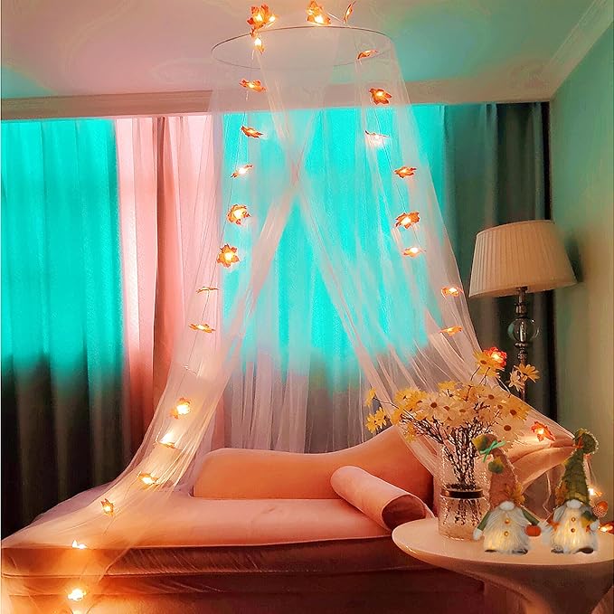 Eimilaly Maple Leaf Bed Canopy Mosquito Net for Room Decor - Halloween | Christmas | Thanksgiving | Fall Canopy for Adults, Babies, White/Single Door