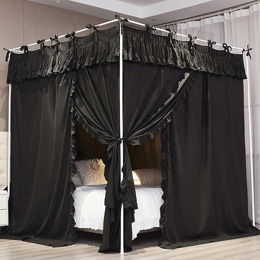 Ruffle Lace up 4 Corners Post Princess Curtain Bed Canopy Cozy Breathable Mosquito Net Cloth for Girls Adults Bedroom Decoration (Black, 78" W*86" L*82" H/King)