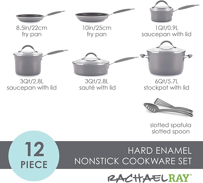 Rachael Ray - 16802 Rachael Ray Cucina Nonstick Cookware Pots and Pans Set, 12 Piece, Sea Salt Gray & Cook + Create Nonstick Stovetop Griddle/Grill Pan, Square, 11 Inch, Gray